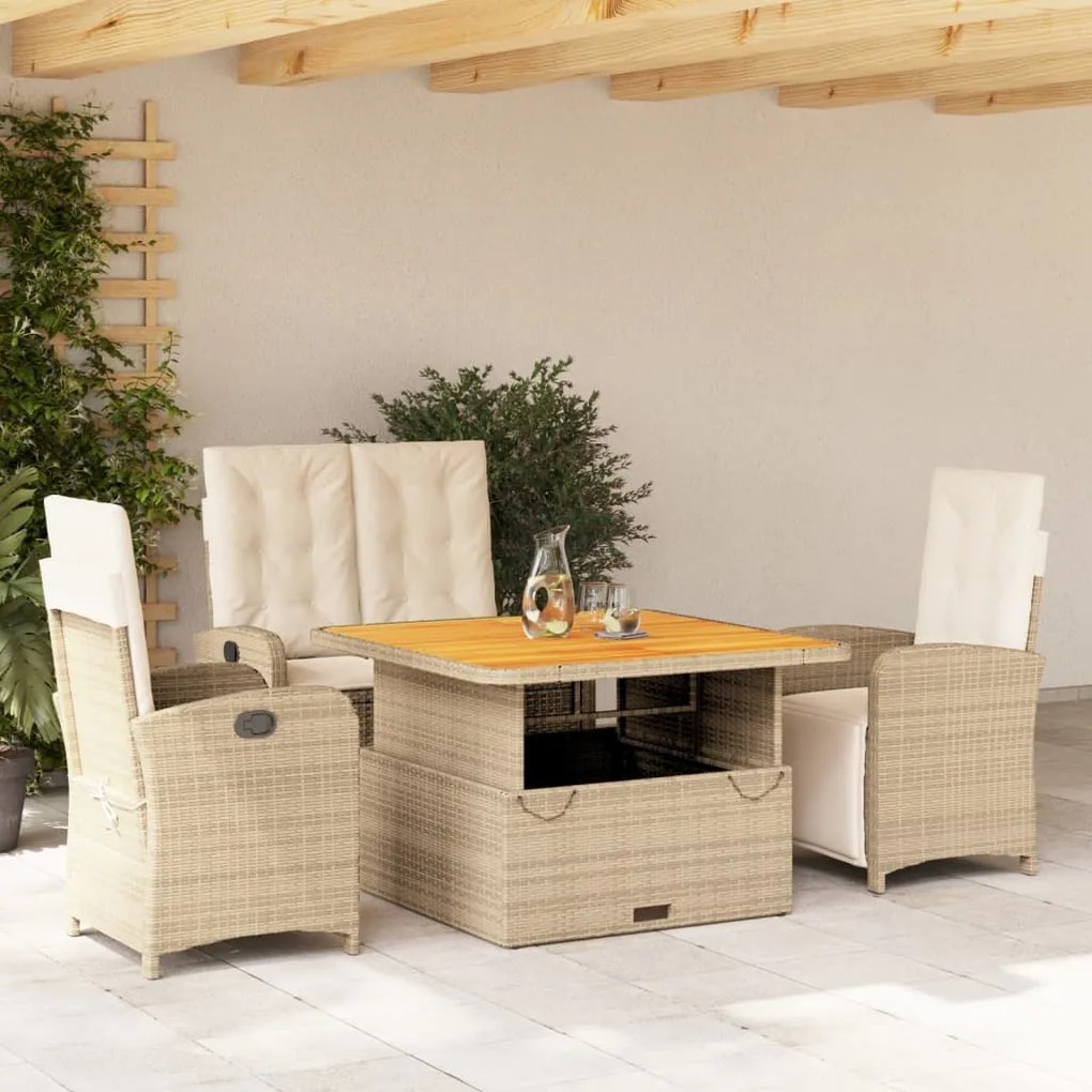 vidaXL 4 pcs conjunto de jantar p/ jardim c/ almofadões vime PE bege