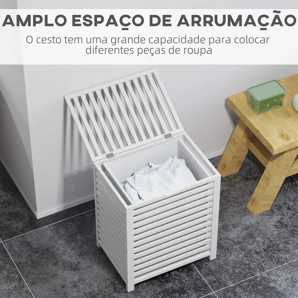 Cesto de Roupa Suja de Bambu Capacidade 55L com Bolsa Amovível Forma Retangular 50x36x60 cm Branco