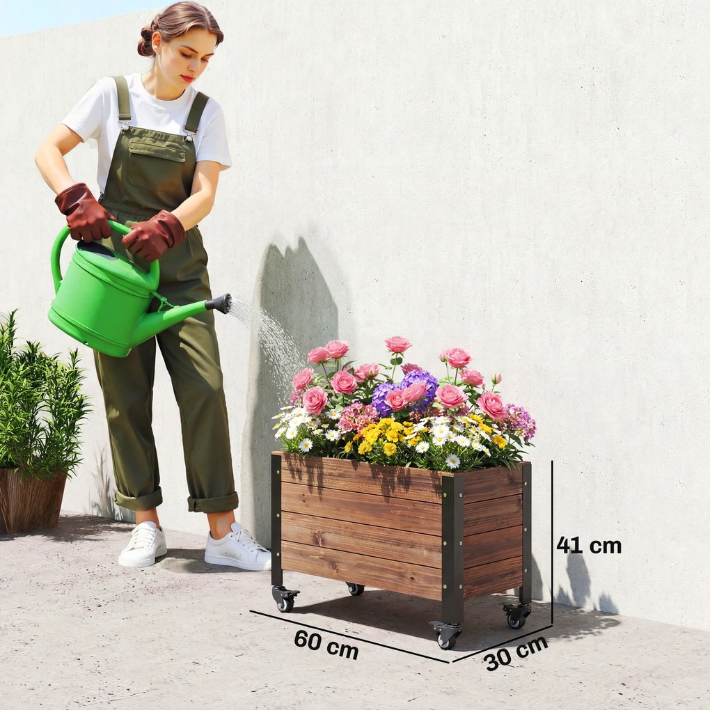 Floreira de Madeira com Rodas Orifício de Drenagem e Forro Não Tecido 60x30x41 cm Castanho Escuro
