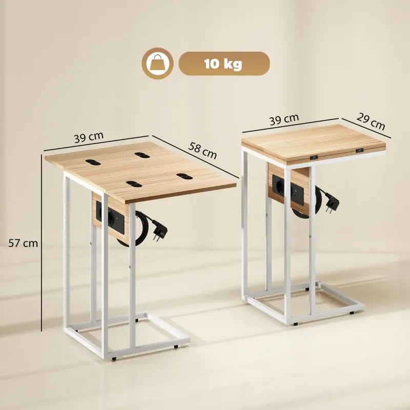 Mesa Auxiliar com Estação de Carga com Tampo Dobrável e Pés Ajustáveis 39x29x57 cm Branco e Madeira