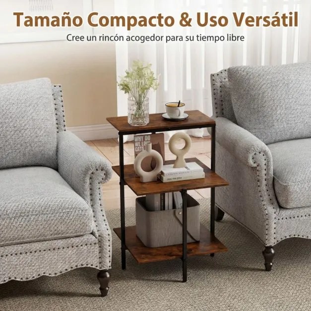Mesa apoio industrial de 3 prateleiras, quadrada, com prateleiras abertas e estrutura metálica, para sala, quarto e espaços pequenos, em castanho rúst