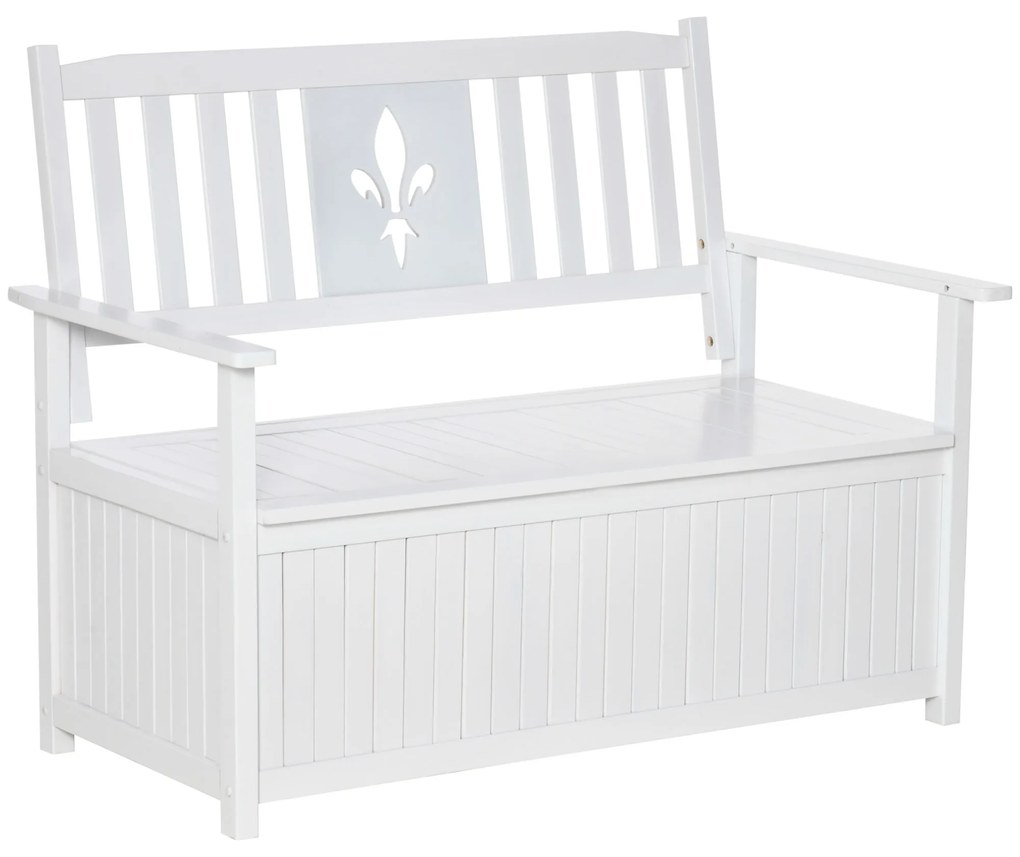 Outsunny Banco de Madeira Exterior de 2 Lugares com Espaço de Armazenamento e Tecido Oxford Banco Baú de Jardim Terraço com Apoio para os Braços Carga 250kg 125x68,5x97 Branco