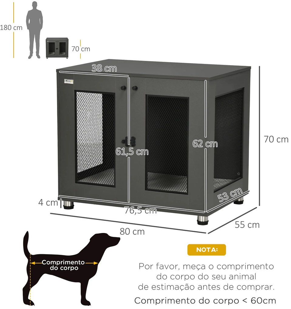 Gaiola para Cães Médios Mesa Auxiliar com 2 Portas Trava Almofada de Tecido Oxford Amovível Grades de Aço Gaiola para Cães de Interior 80x55x70cm Cinz