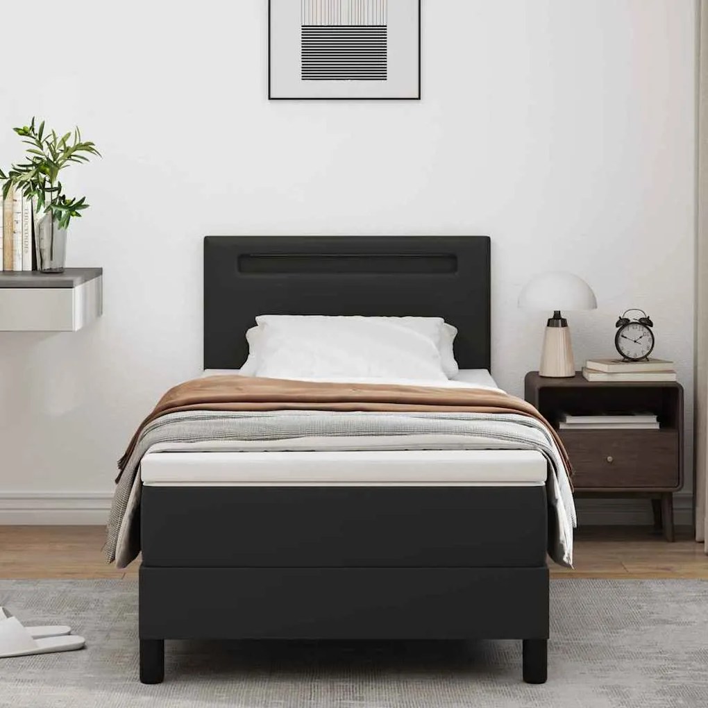 Cama Box com Colchão – Preto, 90x200 cm, Couro Sintético