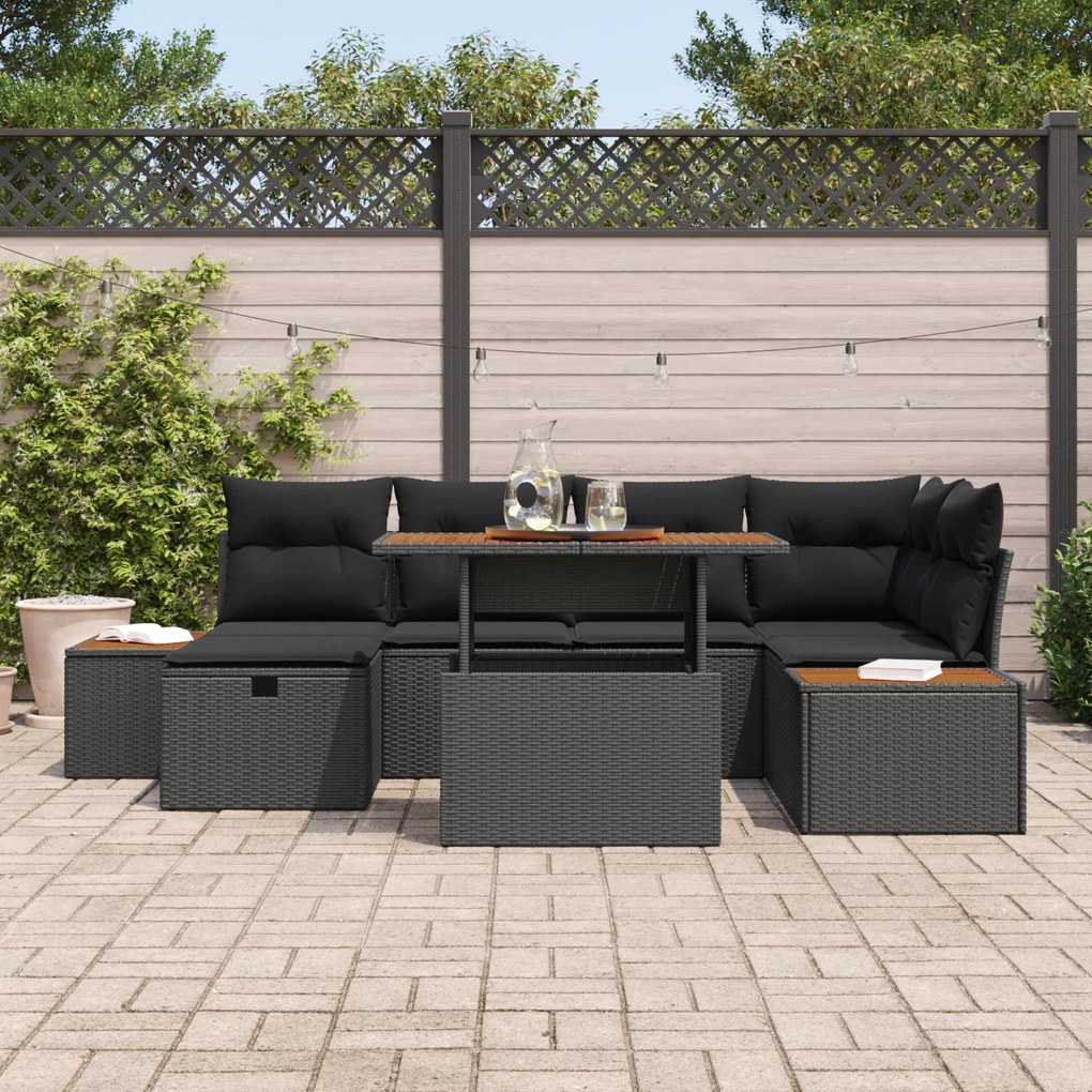 Conjunto de Sofá de Jardim 7 Peças com Almofadas Preto Rattan Poliéste