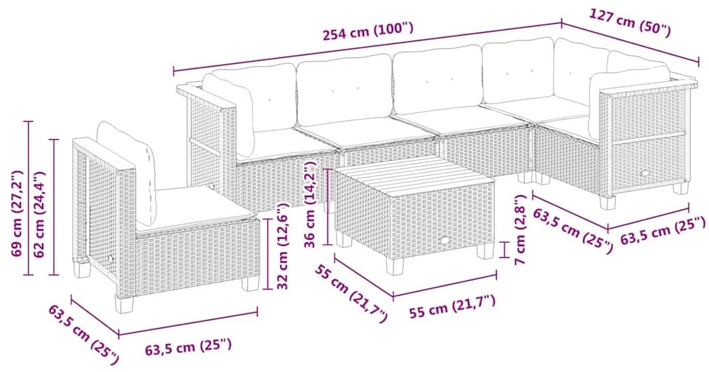 7 pcs conjunto de sofás p/ jardim com almofadões vime PE bege