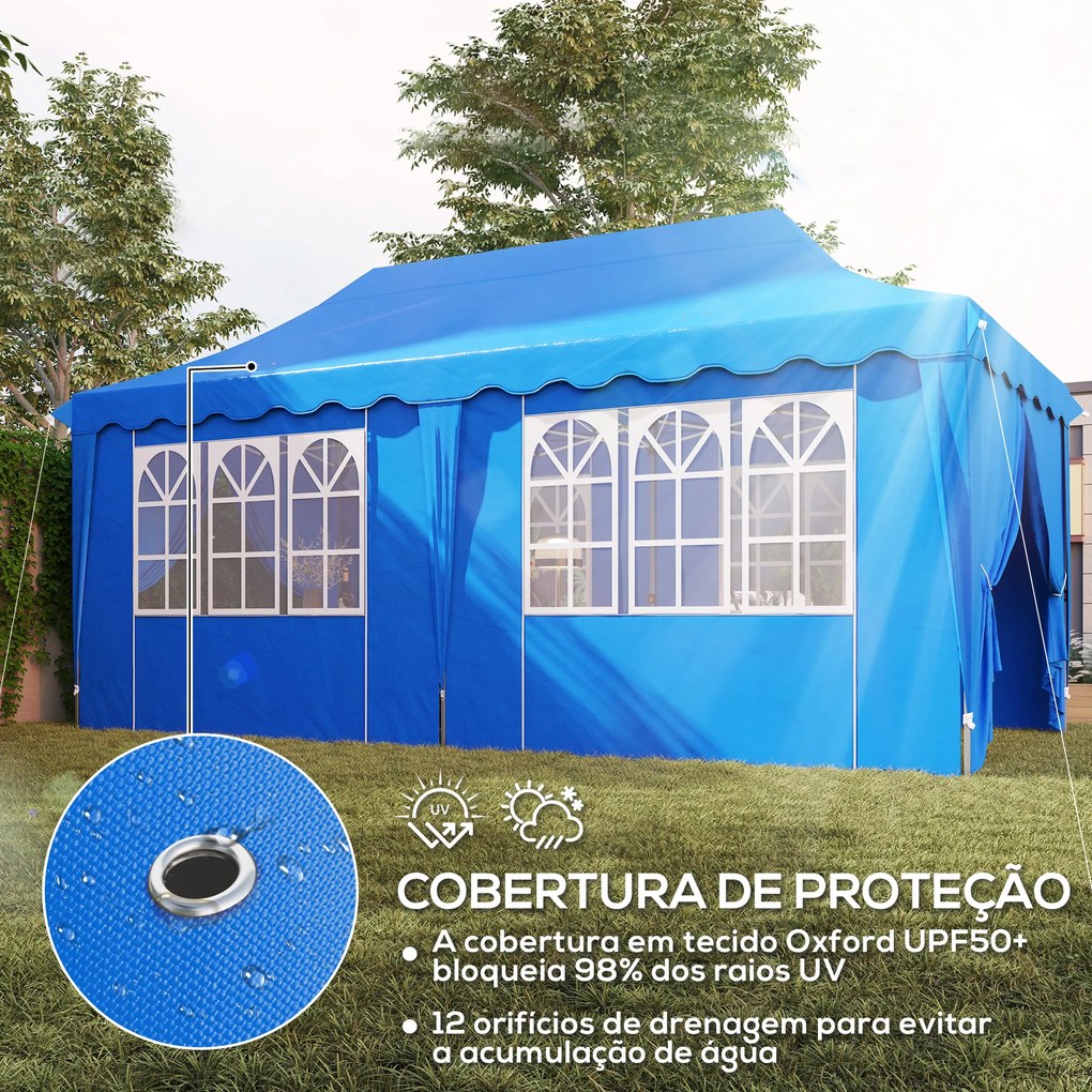 Tenda Dobrável Pop Up 596x300x315 cm com 6 Paredes Laterais Anti-UV Altura Ajustável para Campismo Festas Azul