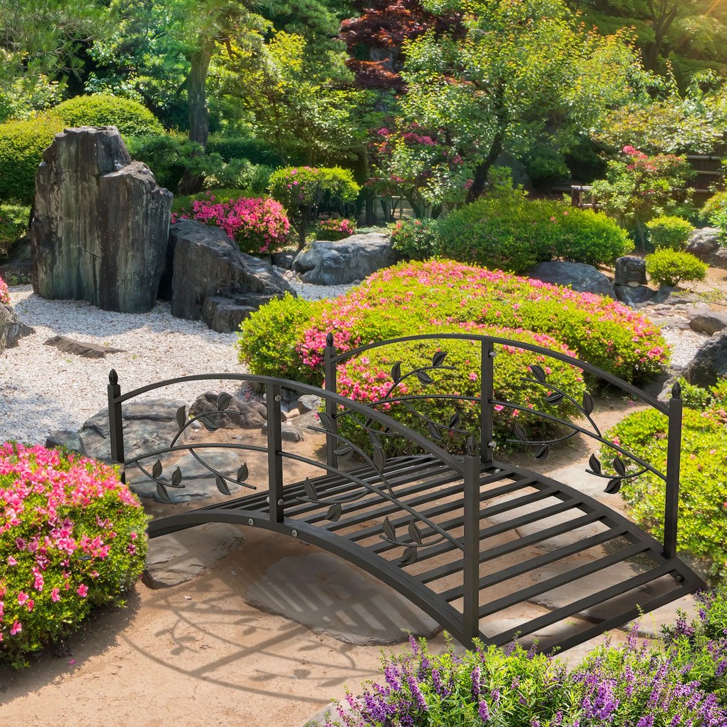 Ponte de jardim para lagoa, decoração de jardim 119 x 67 x 47 cm, com balaustrada com motivo de videira, em aço preto