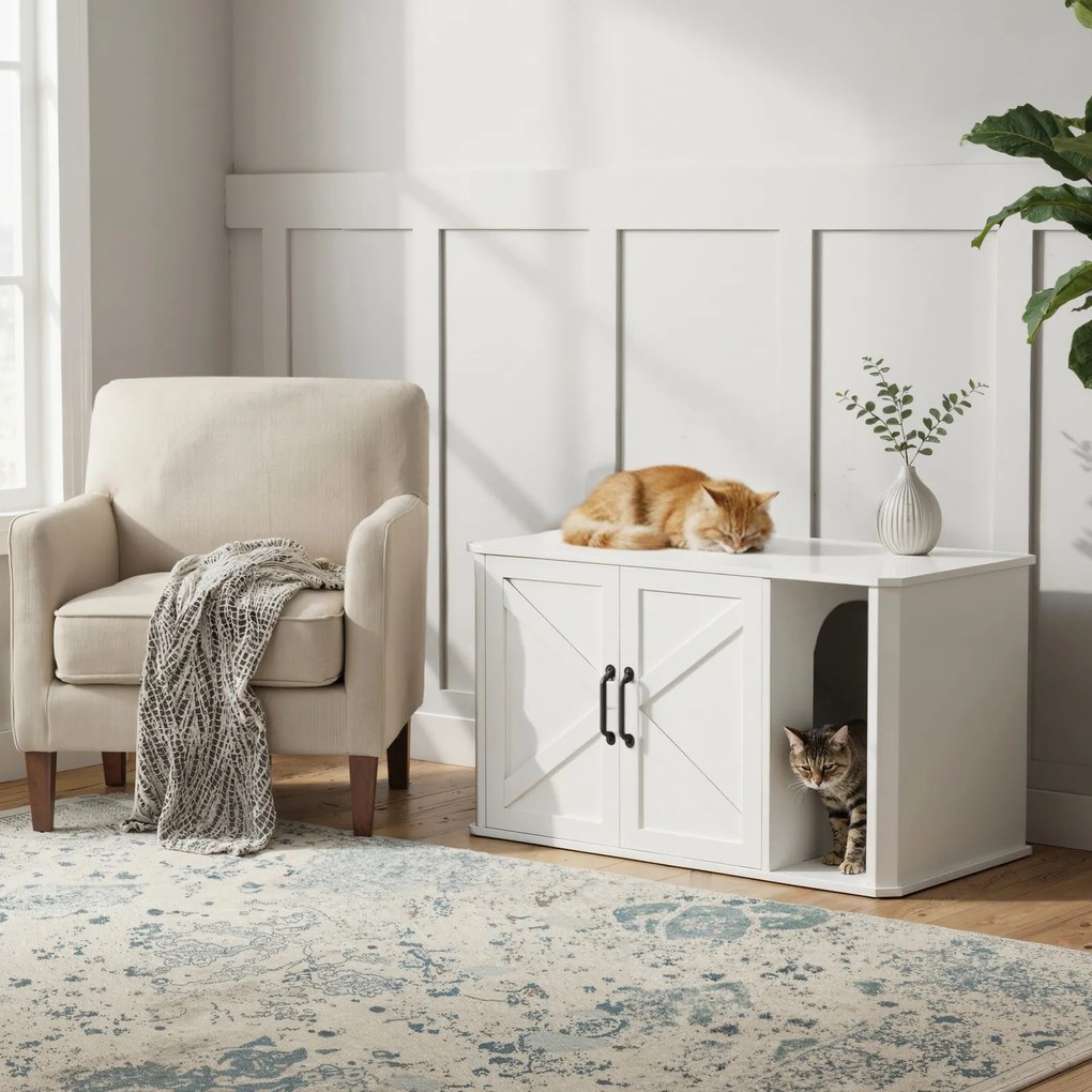 Móvel para caixa areia para gatos moderno 85 x 49 x 50 cm com porta frontal e pega dupla branco