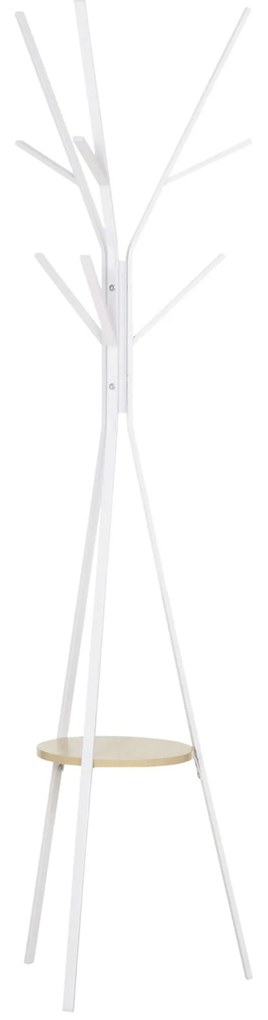 HOMCOM Cabide Pé Metálico 9 Ganchos Prateleira Organização Roupa Bolsas Design Moderno 45x45x180 cm Branco