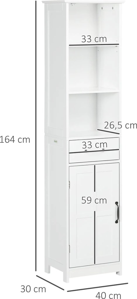 Armário de casa de banho tipo coluna 40 x 30 x 164 cm com 3 compartimentos abertos, gaveta e prateleira ajustável, branco