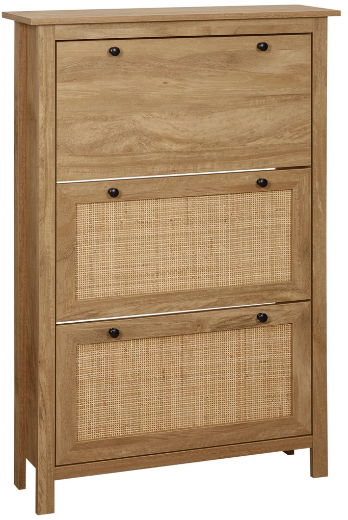 HOMCOM Móvel para Sapatos Prateleira Armário 3 Portas Basculantes Efeito de Vime Entrançado em Madeira Madeira Natural | Aosom Portugal