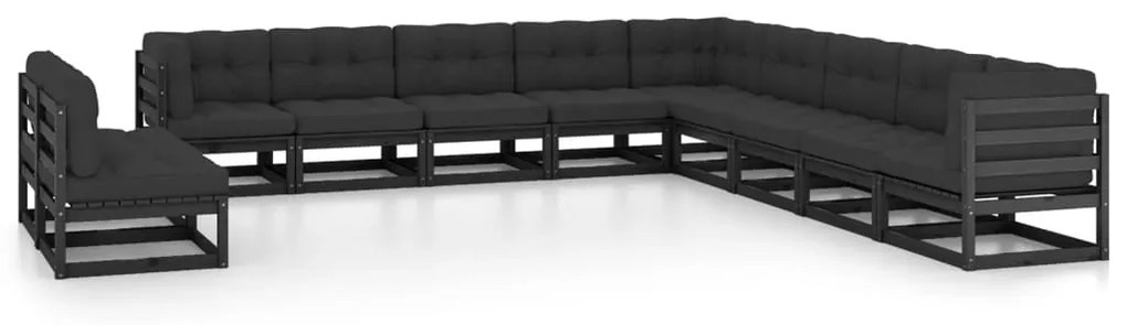 vidaXL 11 pcs conjunto longue jardim c/ almofadões pinho maciço preto