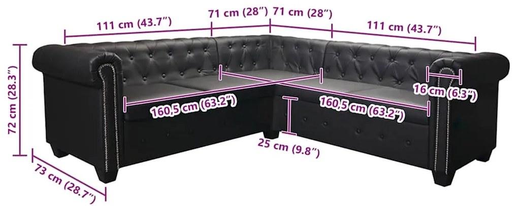 Sofá de canto Chesterfield 5 lugares couro artificial preto