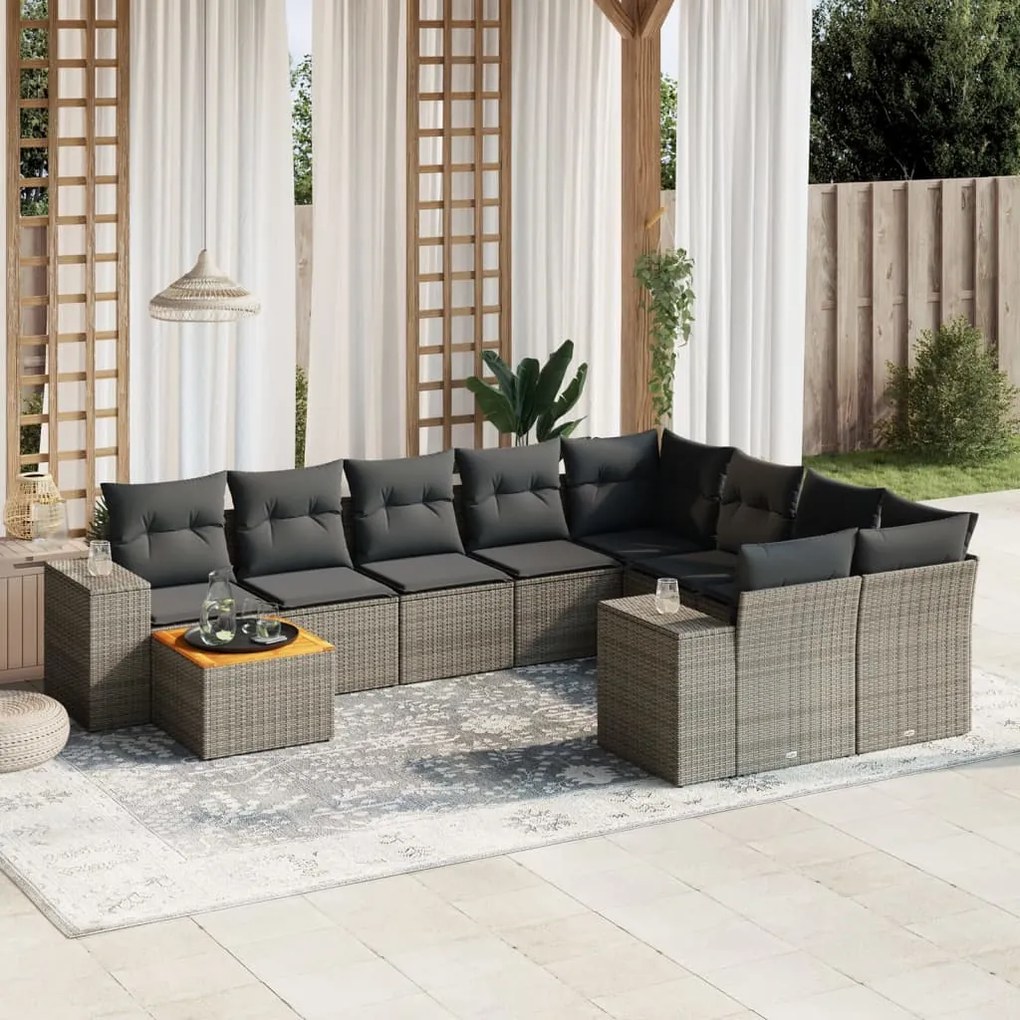 10 pcs conjunto sofás de jardim c/ almofadões vime PE cinzento