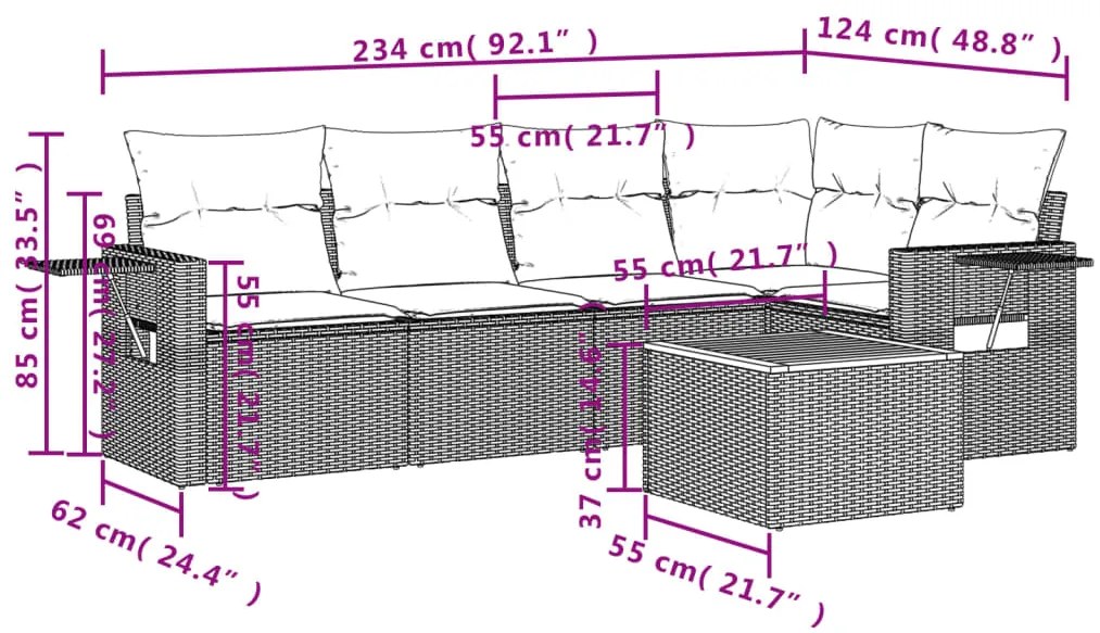 6 pcs conjunto de sofás p/ jardim com almofadões vime PE bege