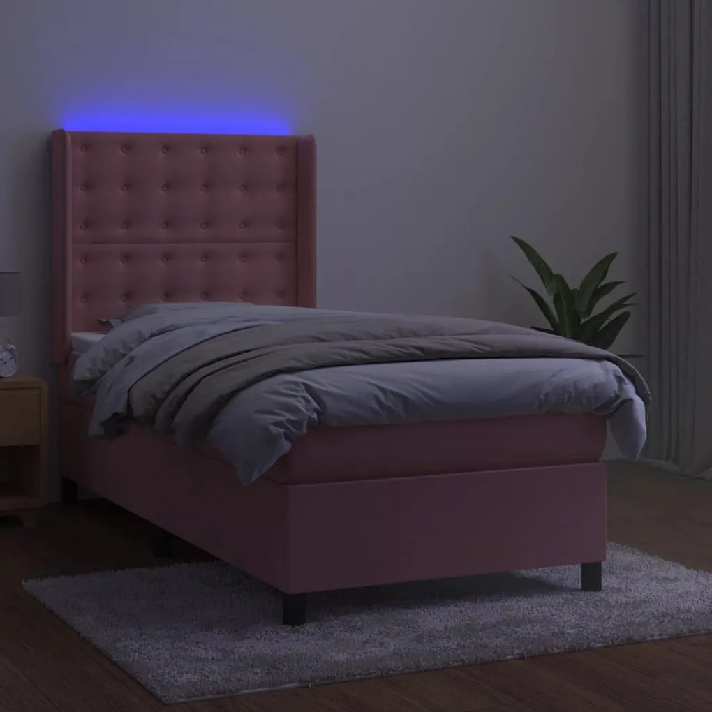 Cama box spring c/ colchão/LED 90x200 cm veludo rosa