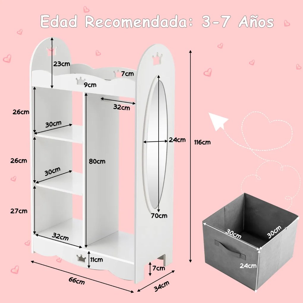 Roupeiro Infantil com Espelho 2 Cestos de Espelho e Organizador de Cabides e Roupa 66 x 34 x 116 cm Branco