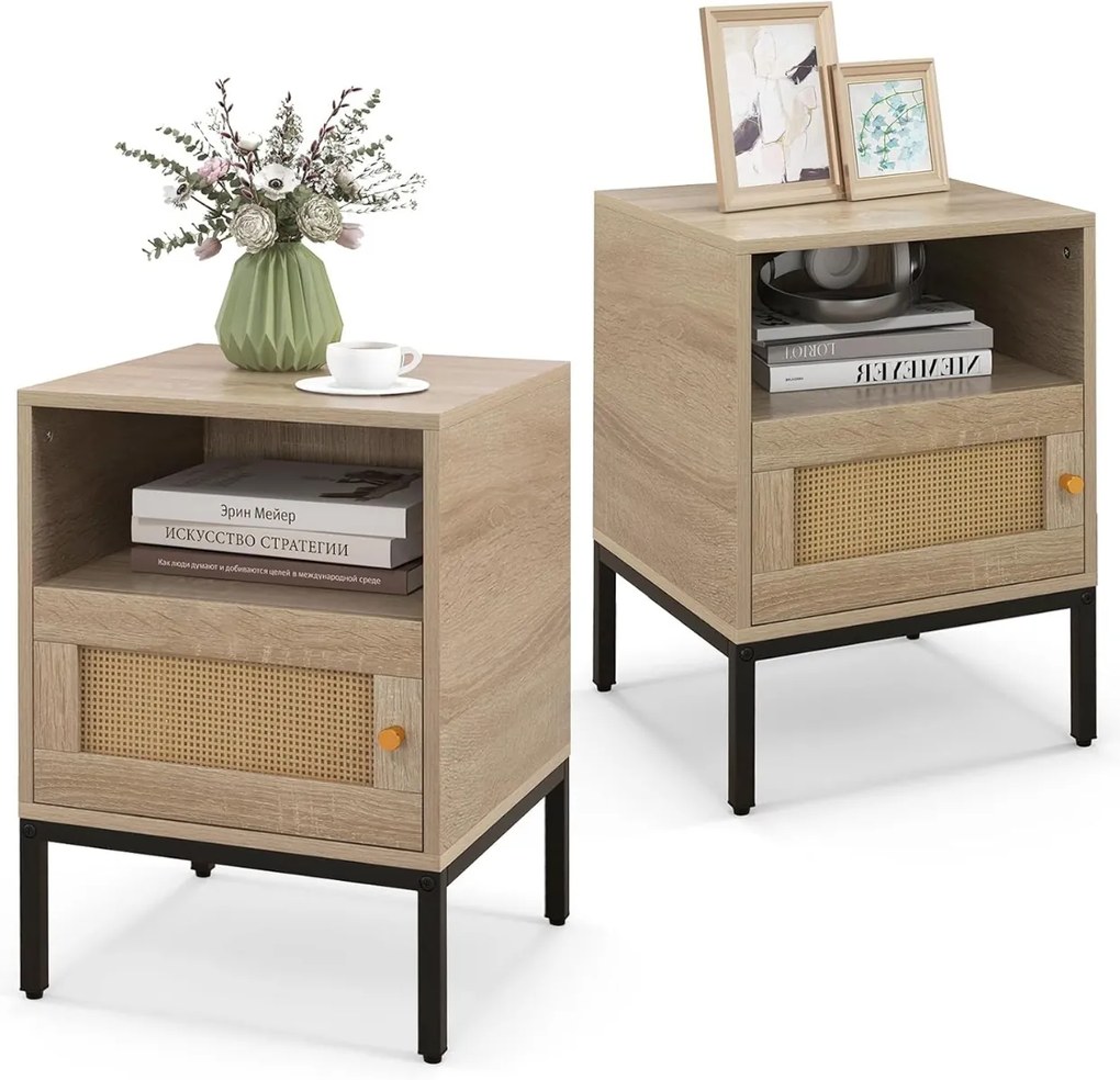 Conjunto de 2 mesas de cabeceira em rattan com porta e prateleira para quarto ou sala de estar 40 x 40 x 57 cm Natural