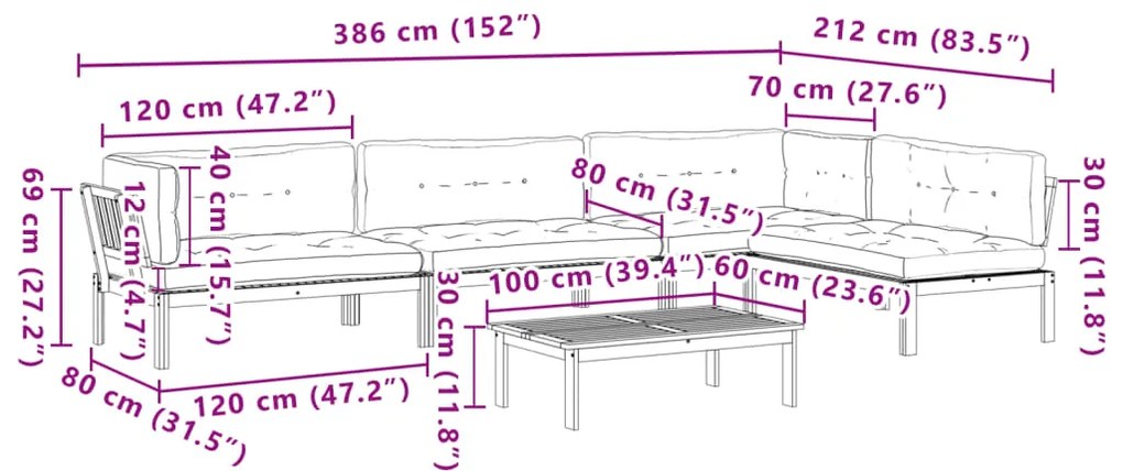 5 pcs móveis de paletes p/ jardim com almofadões acácia maciça