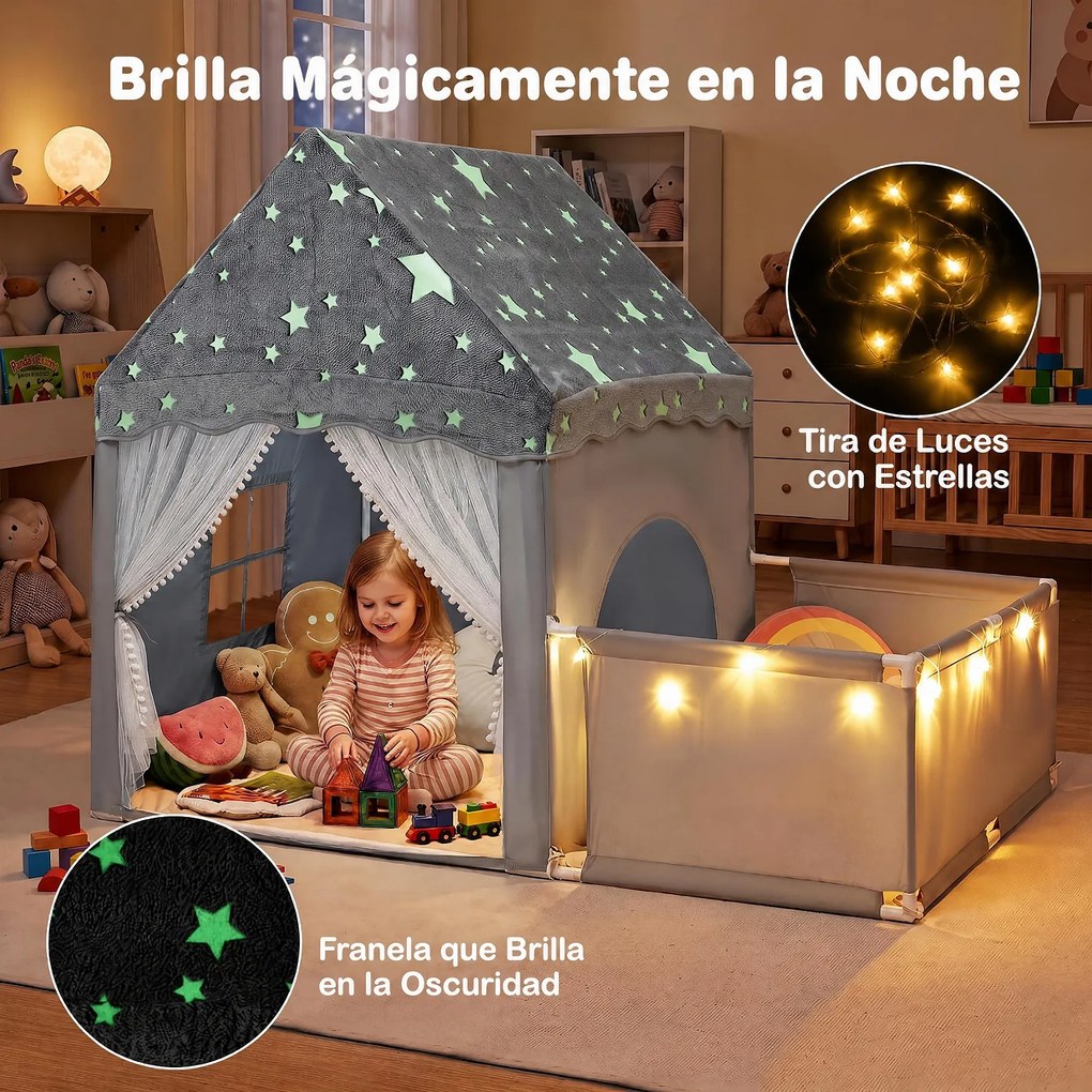 Casa de Jogos Infantil 2 em 1, 169 x 120 x 136 cm, Teto Fluorescente, Cinzento