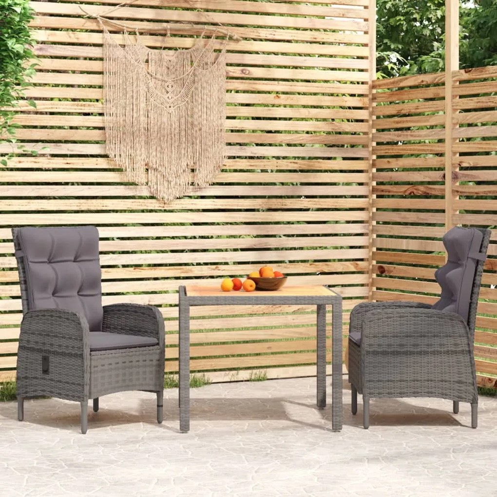 vidaXL 3 pcs conjunto de jantar para jardim vime PE cinzento