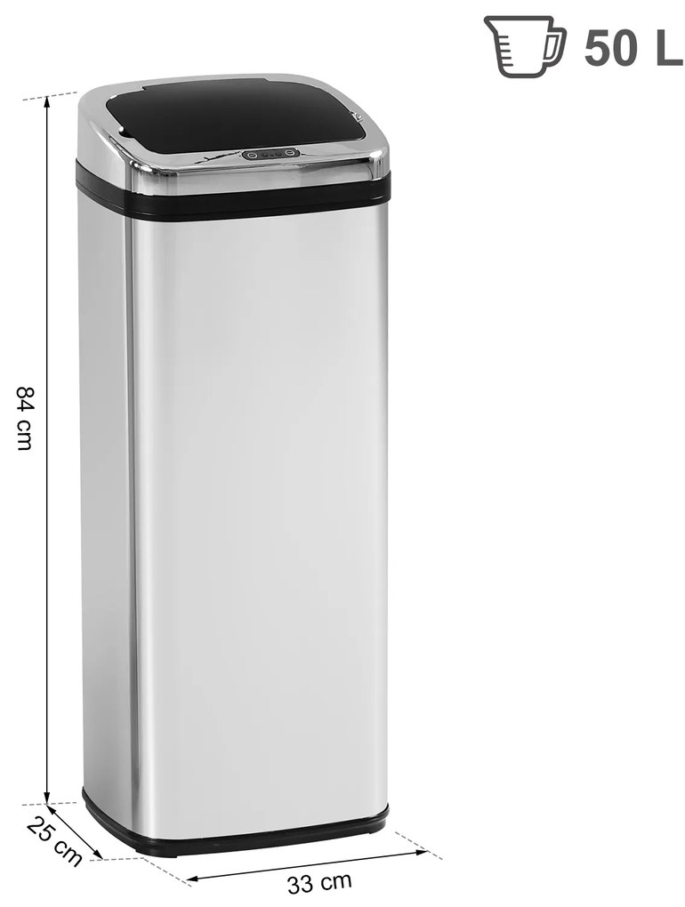 HOMCOM Balde de Lixo Inteligente de Aço Inoxidável 50L com Sensor Infravermelho de Abertura Automática para Cozinha Dormitório Casa de Banho 33x25x84 cm Prata e Preto