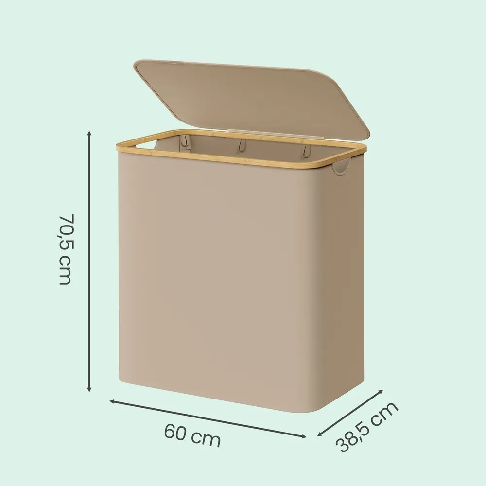 Cesto da roupa suja de 150 L com tampa e 3 compartimentos, 60 x 38,5 x 70,5 cm, castanho-camelo