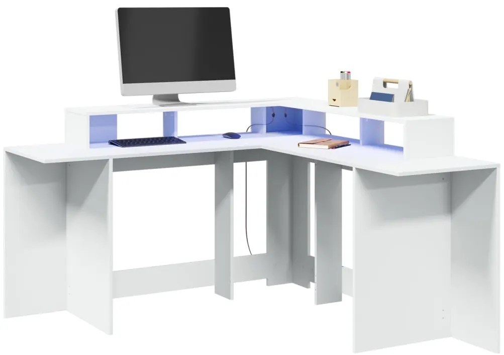 vidaXL Secretária c/ luzes LED 152x152x91 cm derivados madeira branco