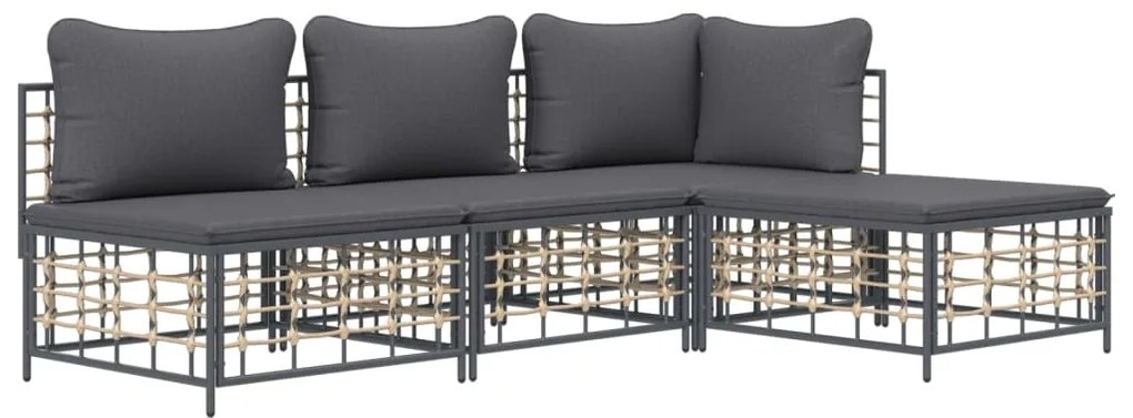 4 pcs conjunto lounge de jardim c/ almofadões vime PE antracite