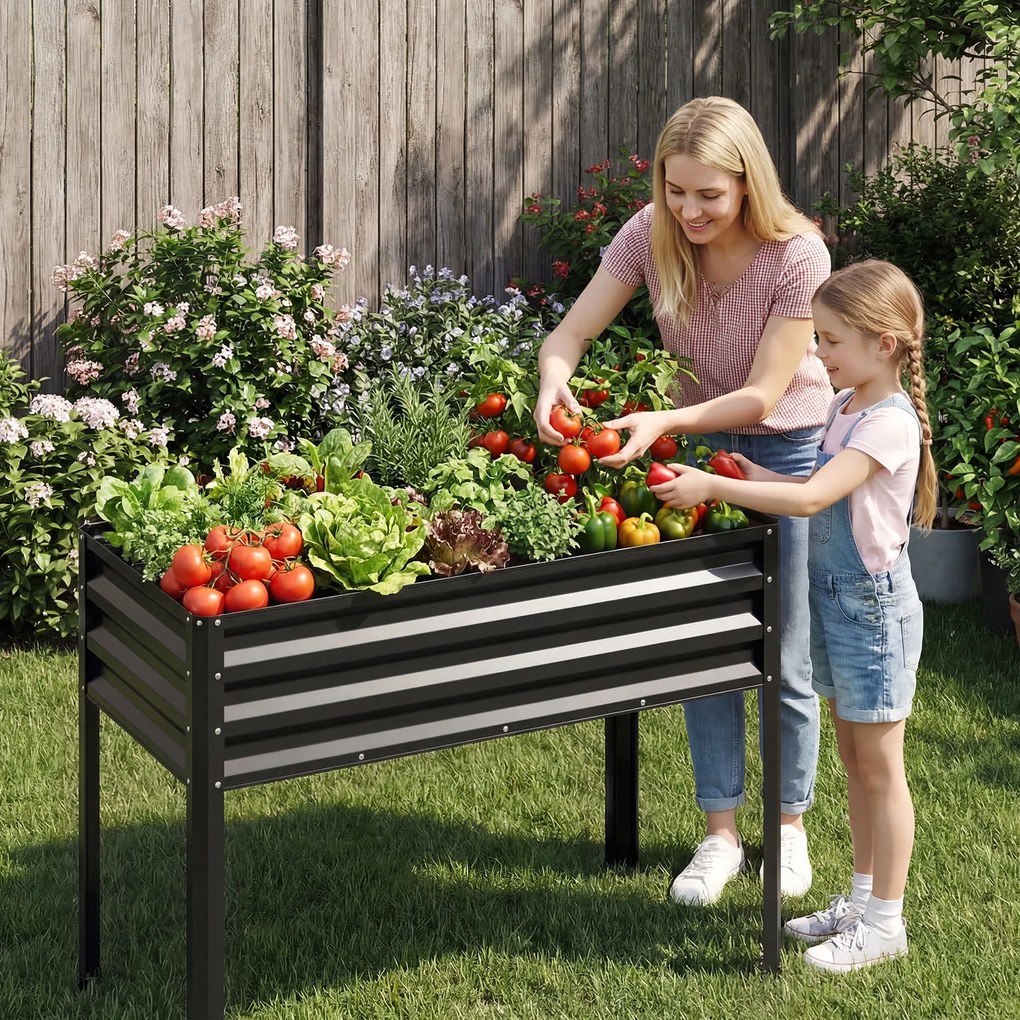 Floreira Elevada de Metal 112 x 55 x 81 cm com Revestimento Eletroforético e Drenagem para Legumes, Flores e Frutas - Preta