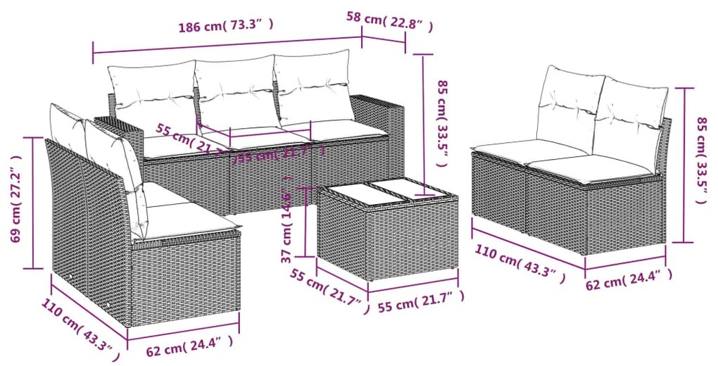 8 pcs conj. sofás jardim c/ almofadões vime PE cinzento-claro