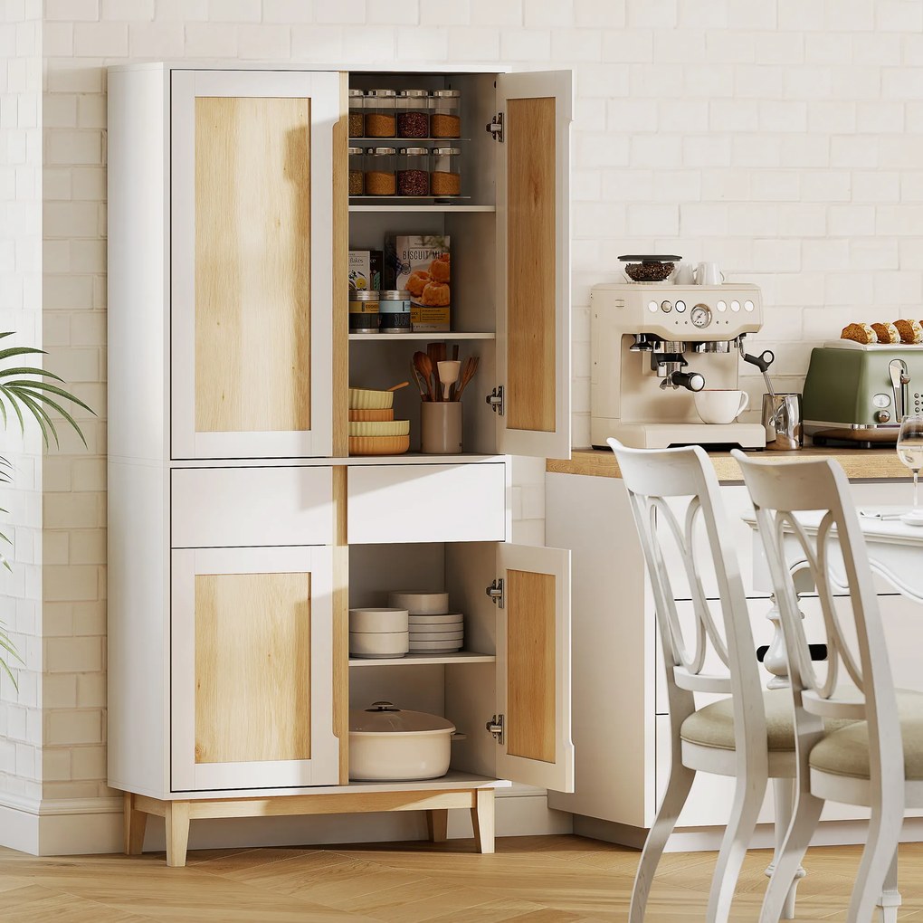 Armário alto de cozinha, armário de cozinha com 4 portas, 2 gavetas e prateleiras ajustáveis, 80 x 35 x 170 cm, branco e carvalho
