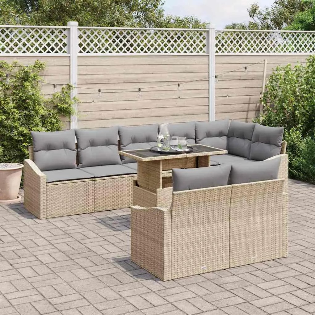 Conjunto de Sofás de Jardim de 9 Peças com Almofadas Bege Rattan Polip