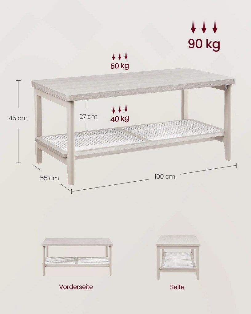 Mesa de centro de 2 níveis com cantos arredondados 55 x 100 x 45 cm Bege aveia