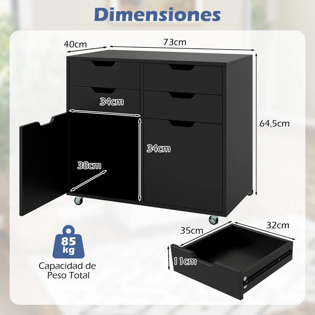 Armário de Escritório e 2 portas Móvel com gavetas móveis e 5 rodas 73 x 40 x 64,5 cm Preto