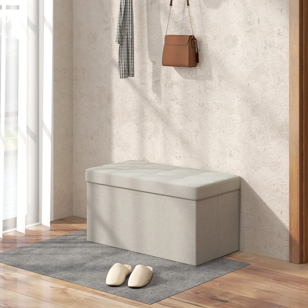 Banco com Armazenamento 84 L Banco de Arrumação Dobrável 76x38x38 cm Estofado em Linho Sintético Creme