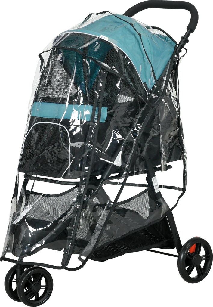 PawHut Carrinho para animais de estimação, carrinho para cães, dobrável, com capa de chuva, 2 suportes para bebidas, Azul + Preto | Aosom Portugal