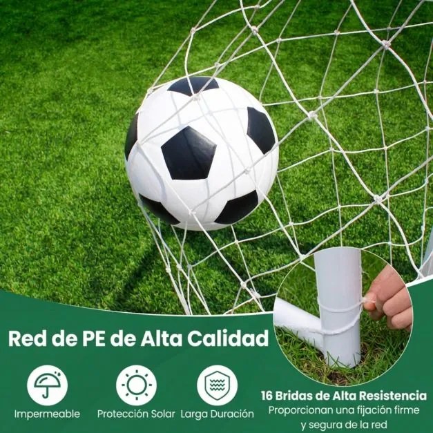 Baliza de futebol 300 x 204 cm para exterior com rede de PE, Estrutura metálica, 8 estacas e 16 abraçadeiras para treino futebol Branca
