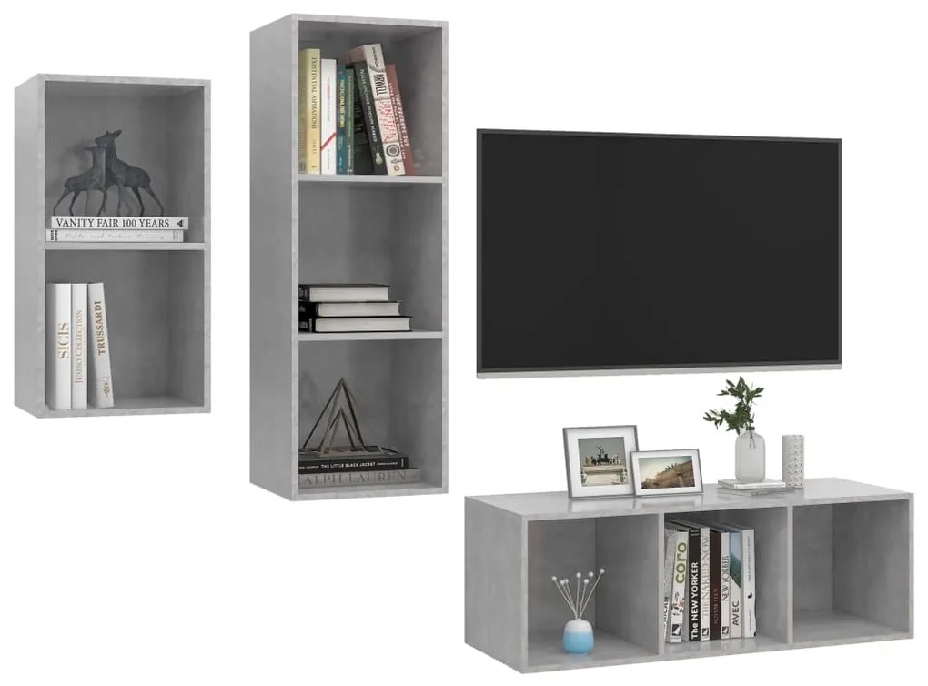 3 pcs conjunto de móveis de TV contraplacado cinzento cimento