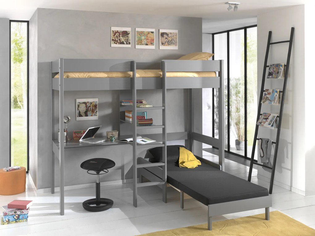 Cama alta de Criança PINO 90 x 200 cm + estrado + escada + secretária + 3 prateleiras + sofá-cama Cinzenta