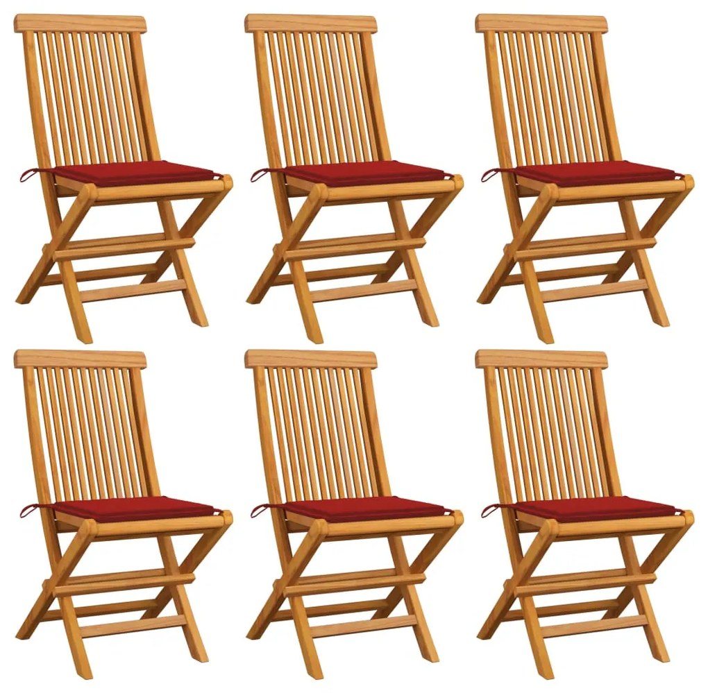 vidaXL Cadeiras de jardim c/ almofadões vermelhos 6 pcs teca maciça