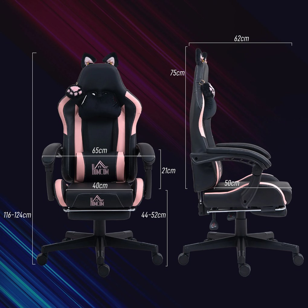 Cadeira Gaming com Orelhas Cadeira Gamer Reclinável com Altura Ajustável e Suporte Lombar 65x62x116-124 cm Preto e Rosa