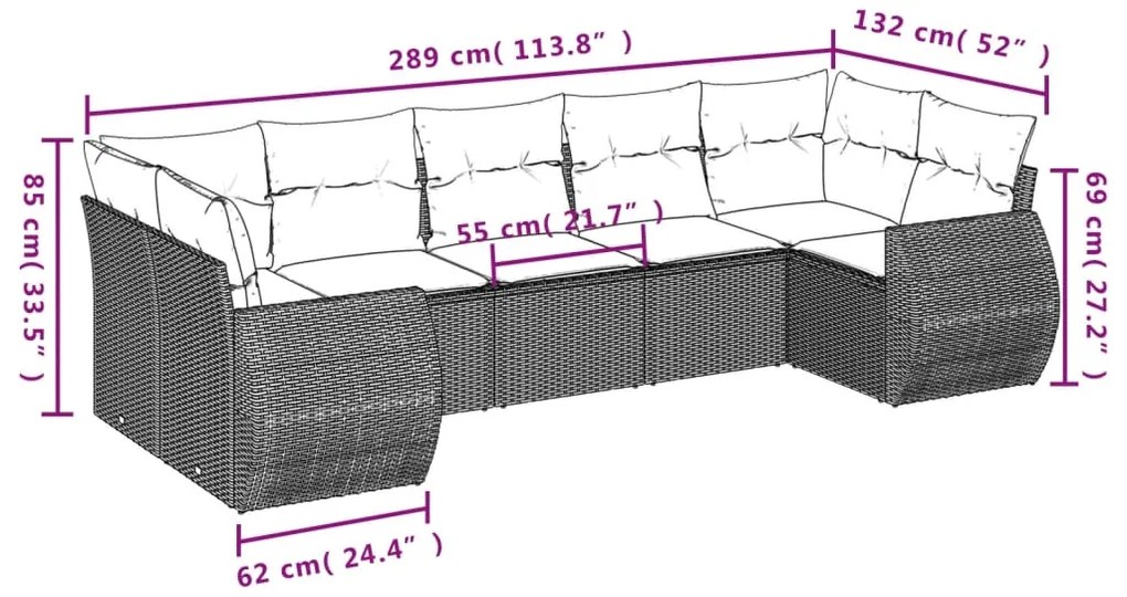 7 pcs conjunto de sofás p/ jardim com almofadões vime PE bege