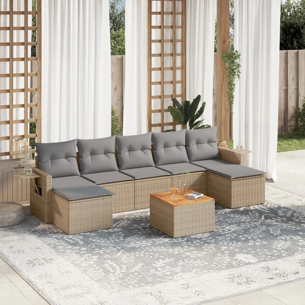 8 pcs conj. sofás jardim c/ almofadões vime PE bege misturado