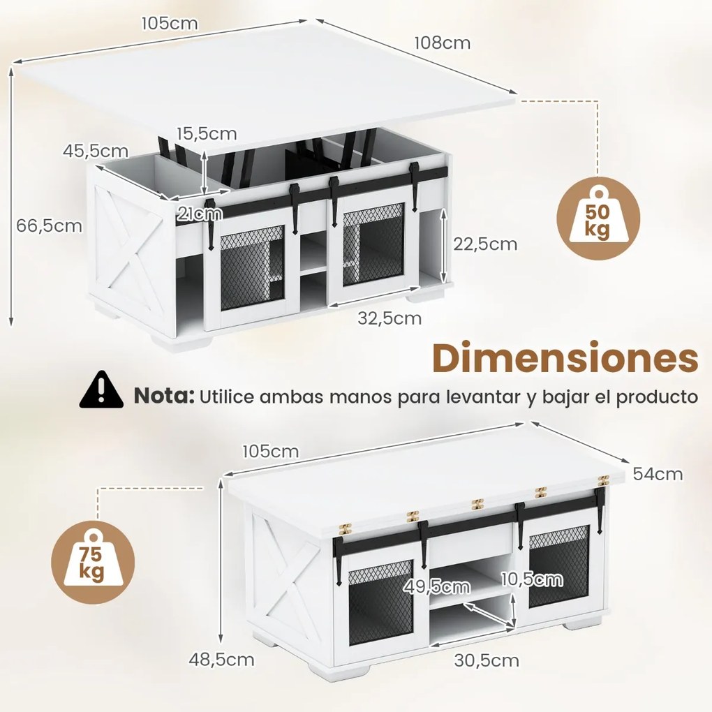Mesa de centro 105 x 54 x 48,5 cm com tampo elevável estilo rústico, 2 portas deslizantes, 3 compartimentos ocultos, sala de estar, painel branco