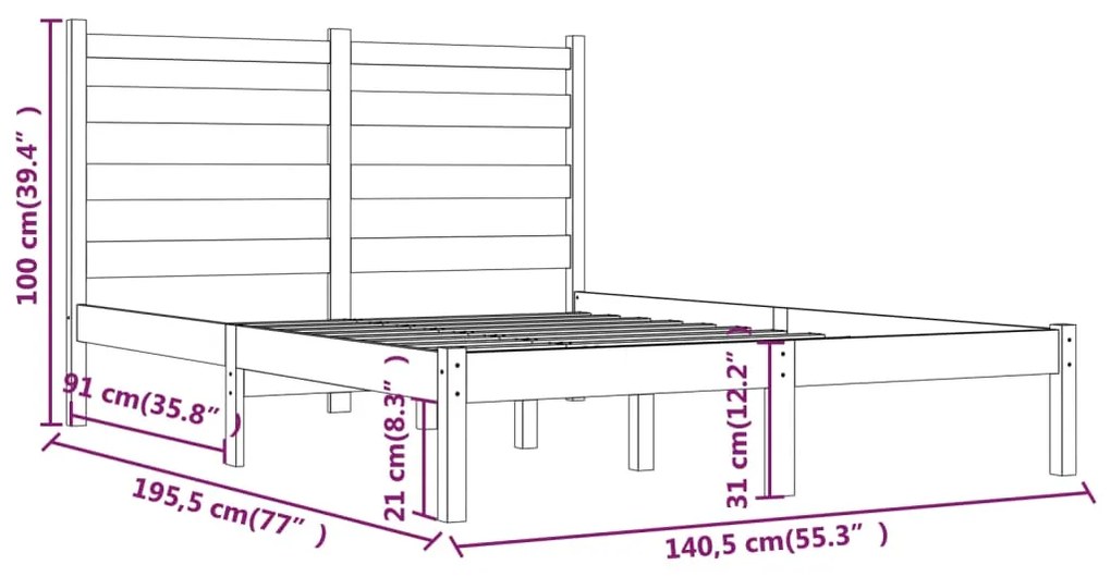 Estrutura de cama casal 135x190 cm pinho maciço cinza