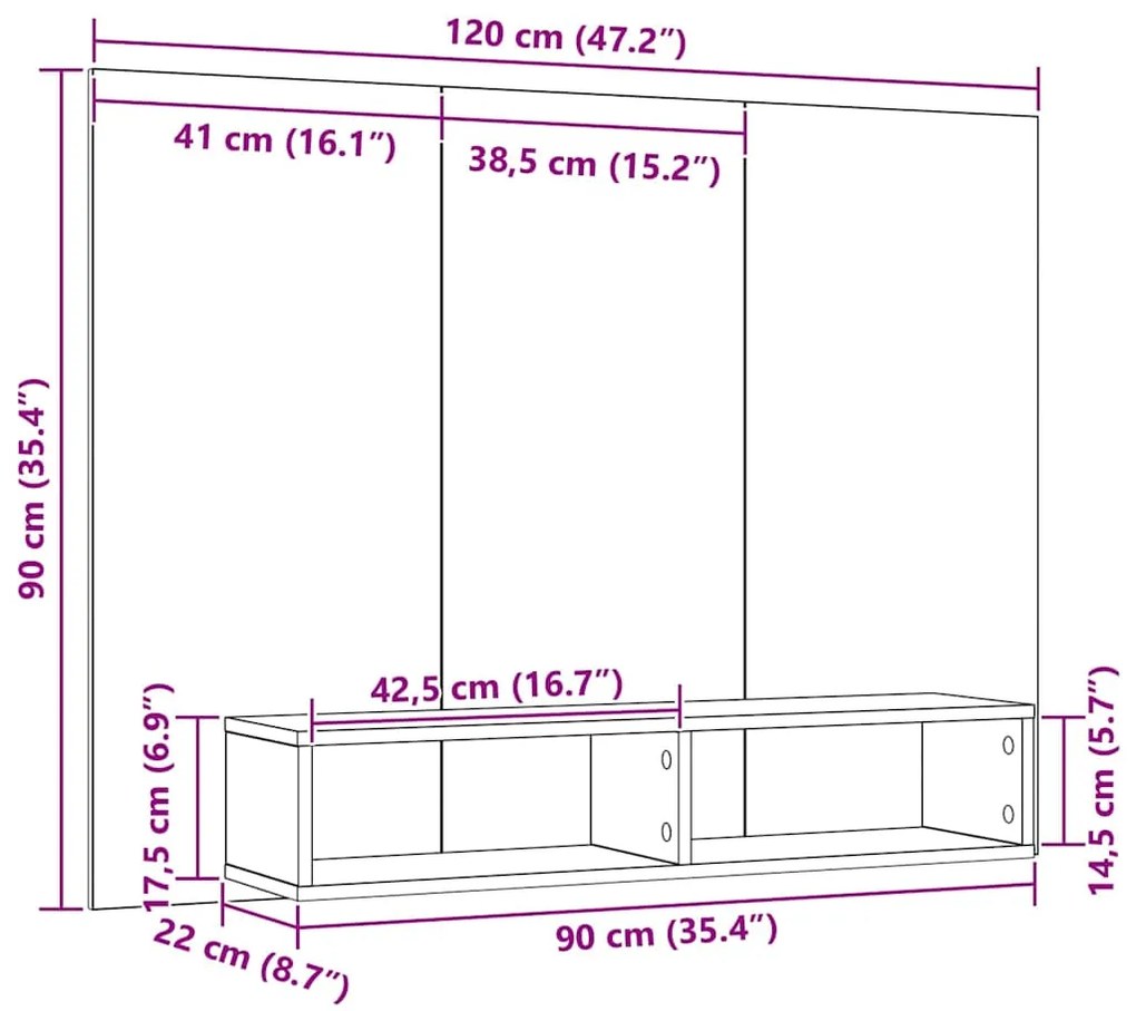 Gabinete de TV de Parede Carvalho Artesanal 120 x 23.5 x 90 cm
