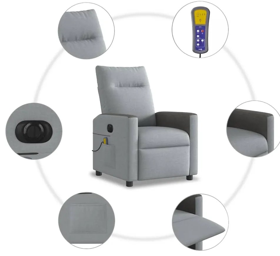 Poltrona de massagens reclinável elétrica tecido cinzento-claro