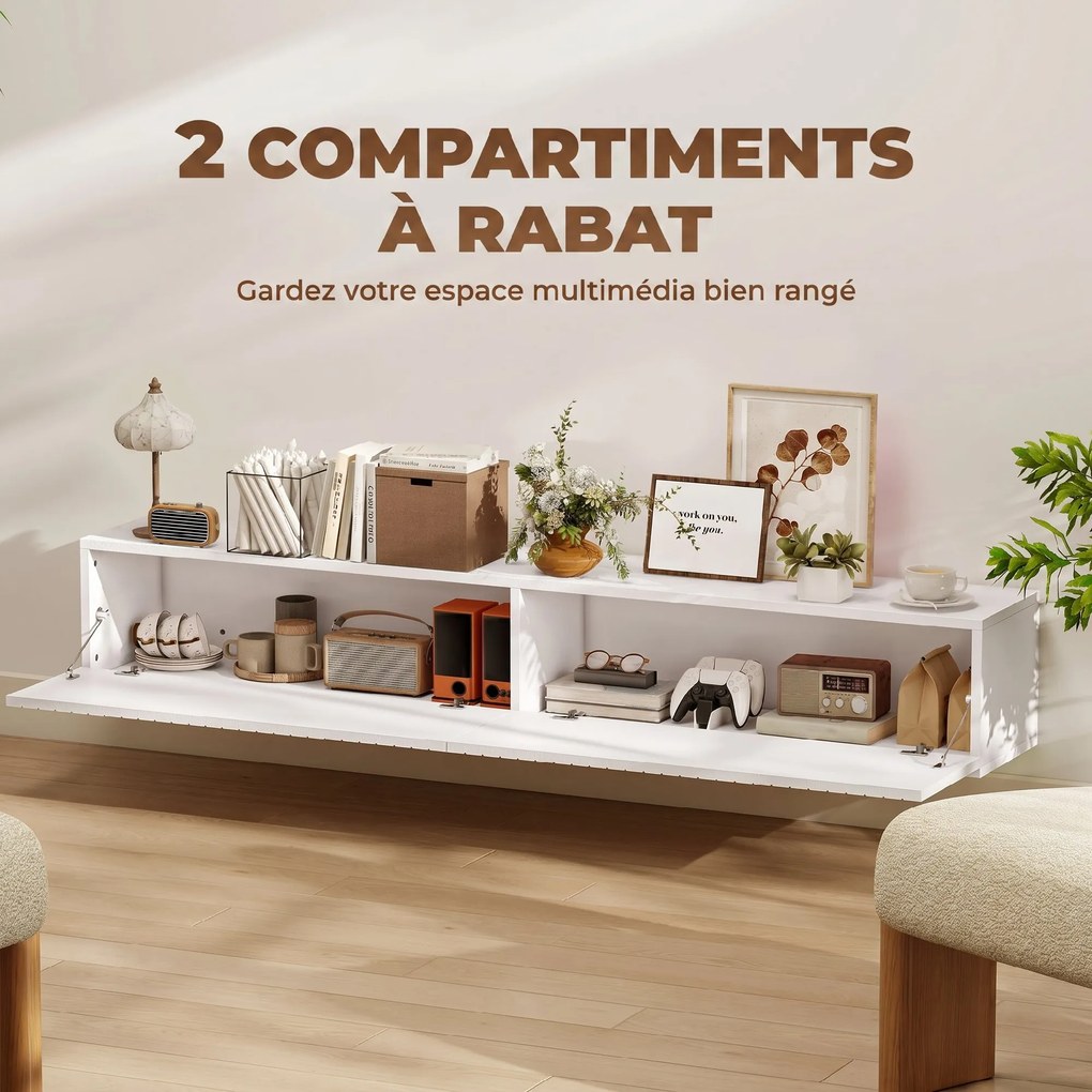 Móvel de TV suspenso de 140 cm, móvel para televisor de 72 polegadas, 2 portas rebatíveis, 140 x 25 x 22 cm, branco